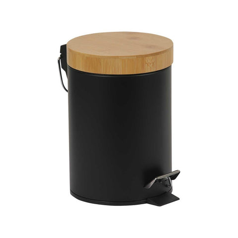 PAPELERA DE BAÑO NEGRA TAPA BAMBOO 5 LT